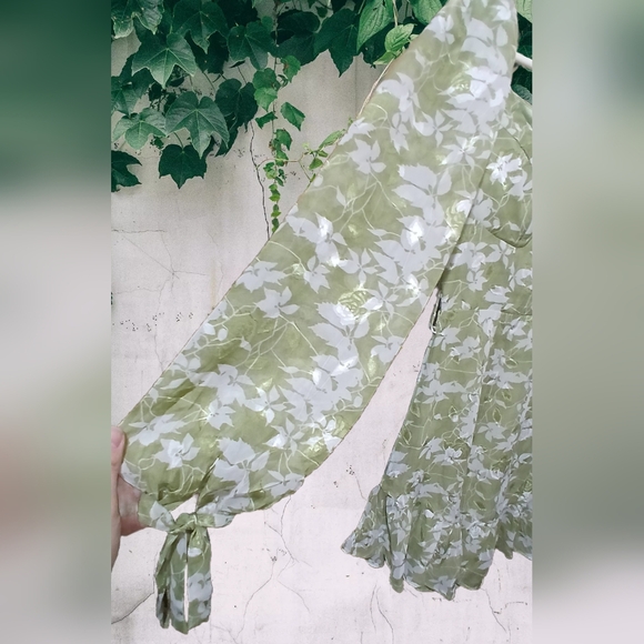 Saints + Secrets Olive Leaf Print Balloon sleeved Ruffle Hem Mini Dress, - Picture 8 of 11